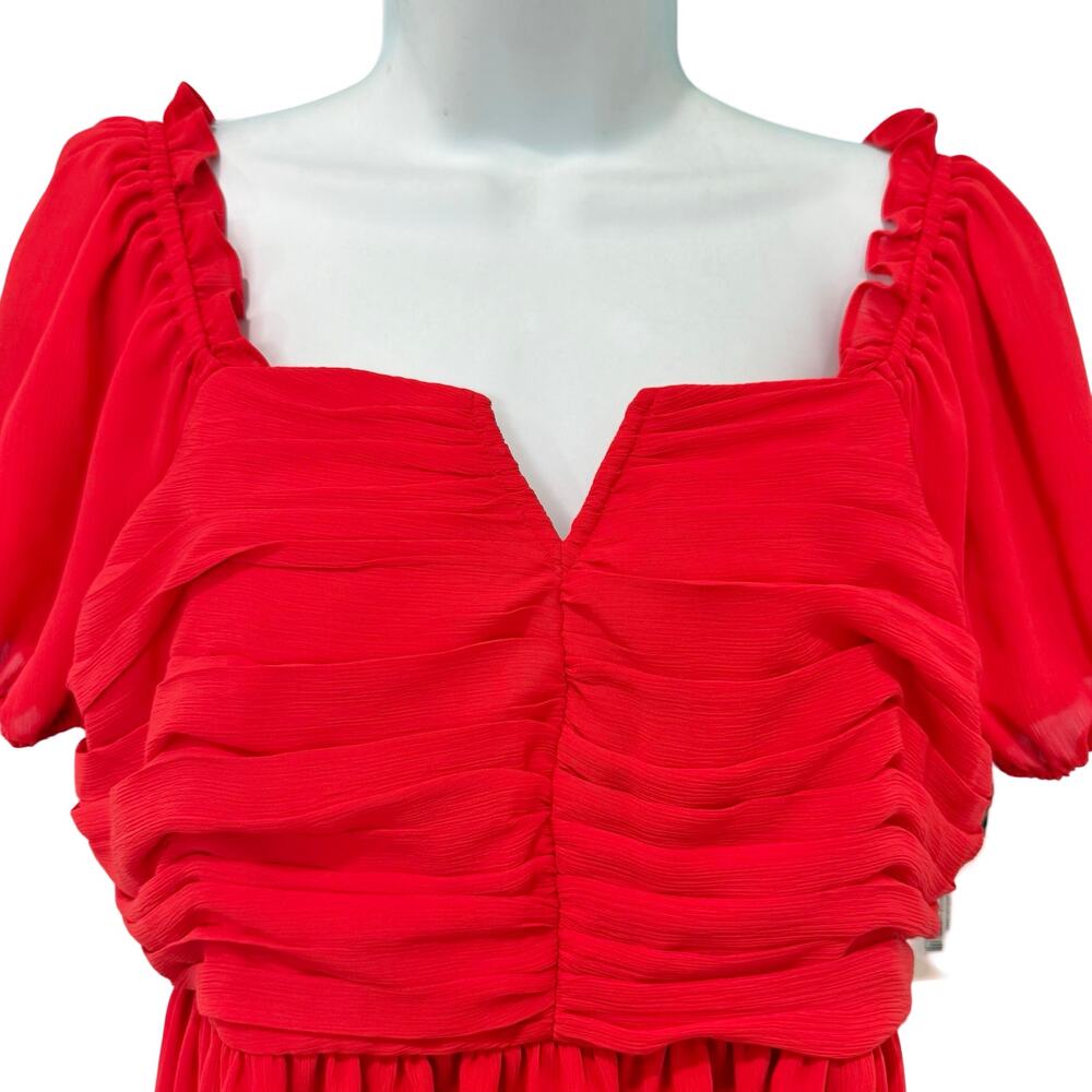 Tahari ASL Cherry Red Chiffon Short Puff Sleeve Notch Mini Dress size 8 NEW Tags - Picture 9 of 11
